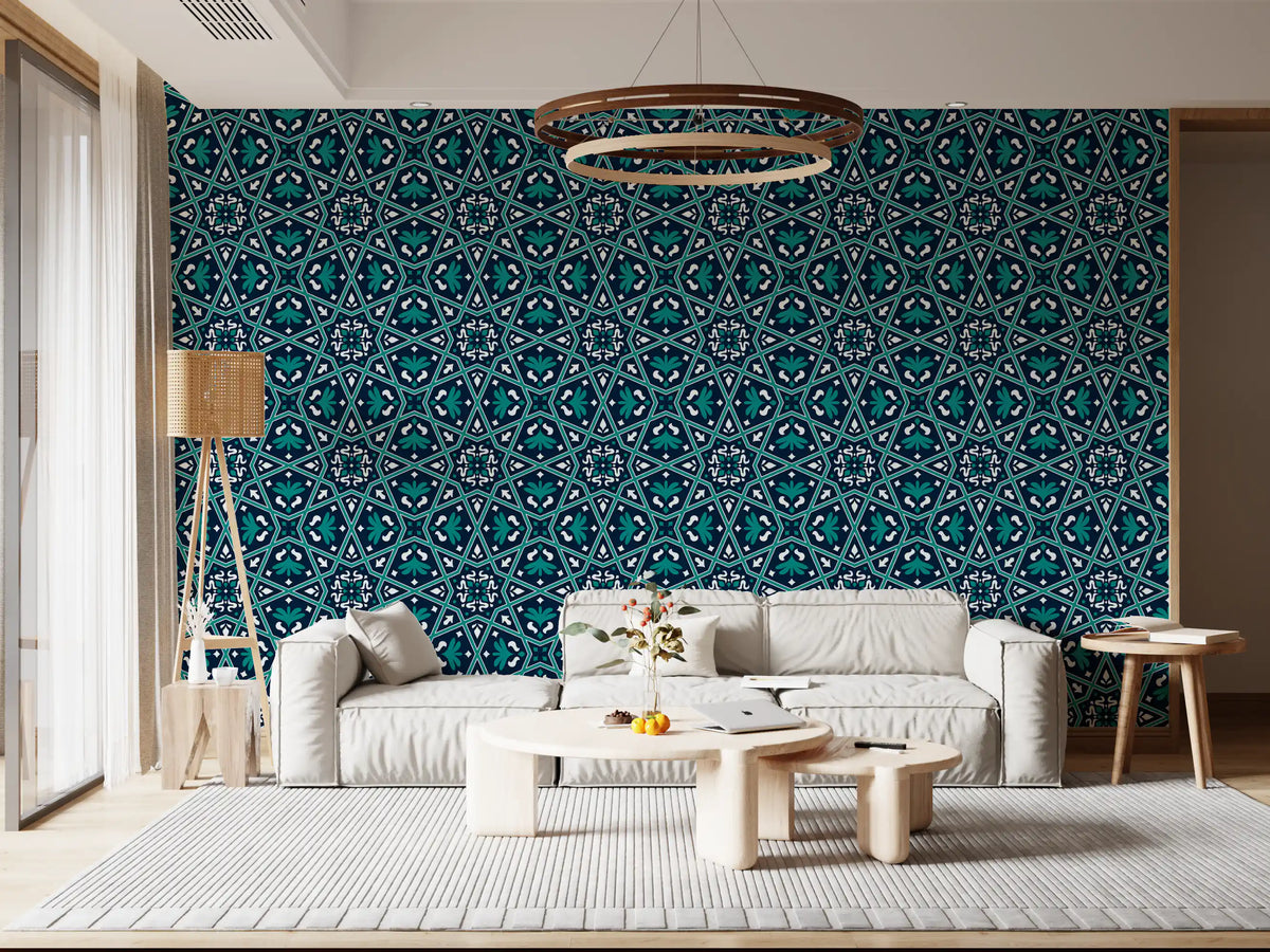 Midnight Teal Geometric Star Tile Wallpaper⁠
