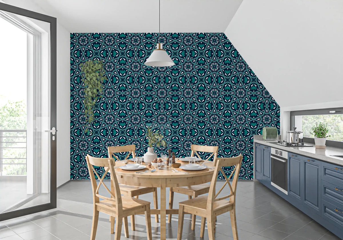 Midnight Teal Geometric Star Tile Wallpaper⁠