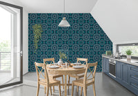 Midnight Teal Geometric Star Tile Wallpaper⁠