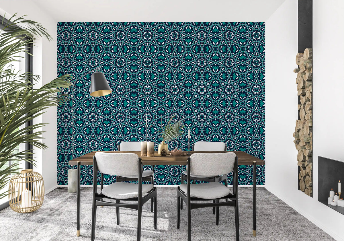 Midnight Teal Geometric Star Tile Wallpaper⁠