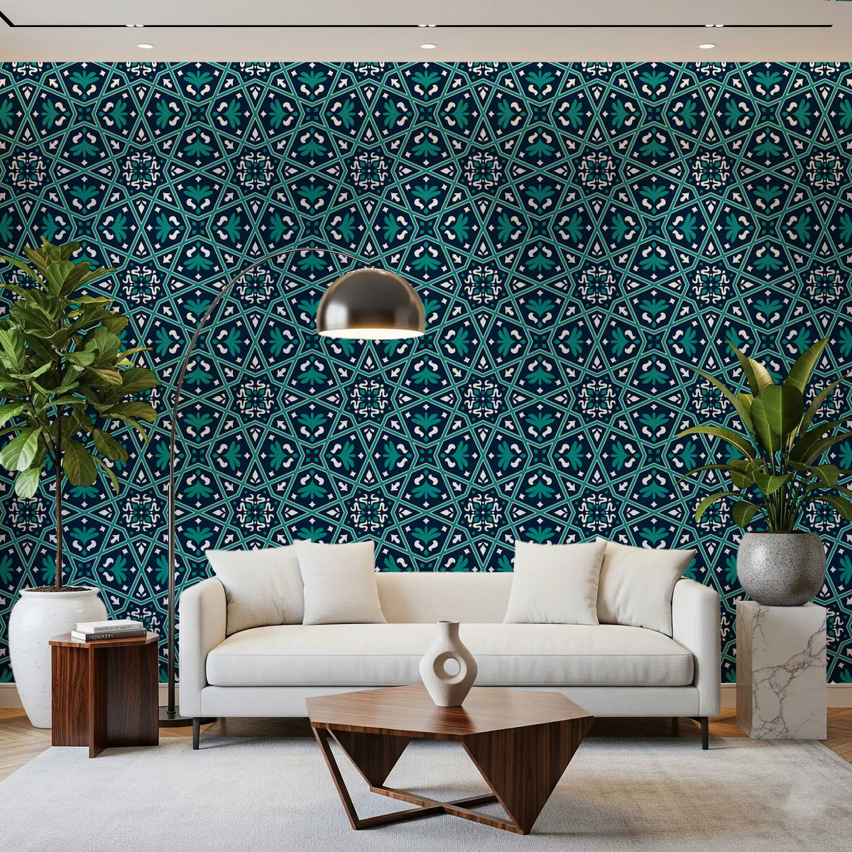 Midnight Teal Geometric Star Tile Wallpaper⁠