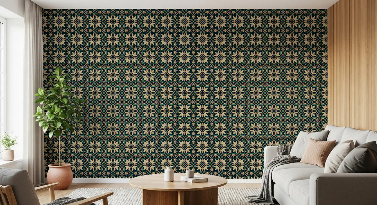 Midnight Botanical Geometric Grid Wallpaper⁠