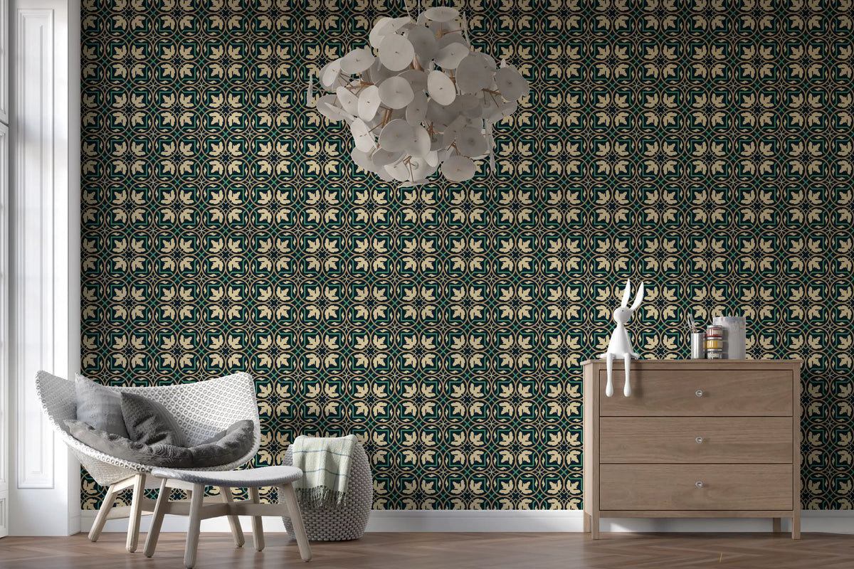 Midnight Botanical Geometric Grid Wallpaper⁠