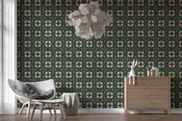 Midnight Botanical Geometric Grid Wallpaper⁠
