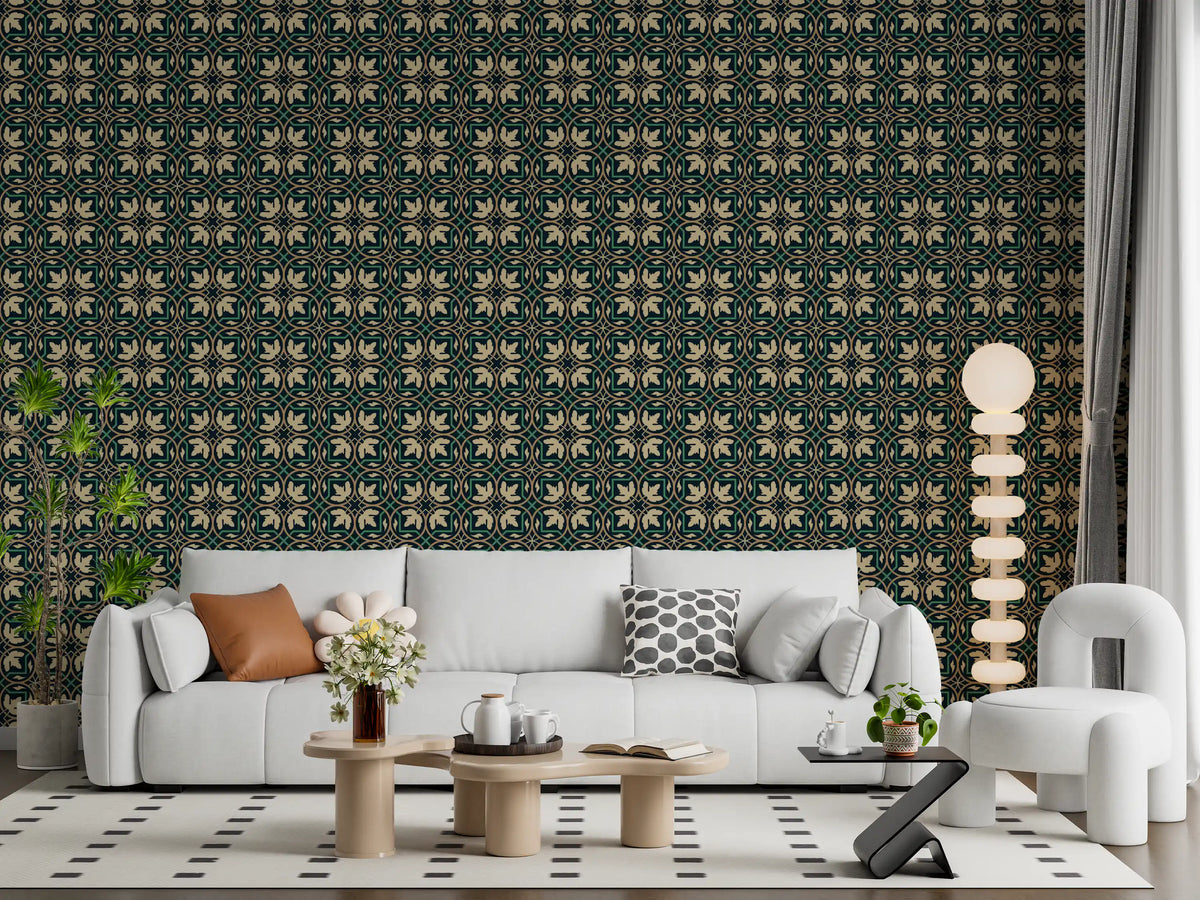 Midnight Botanical Geometric Grid Wallpaper⁠