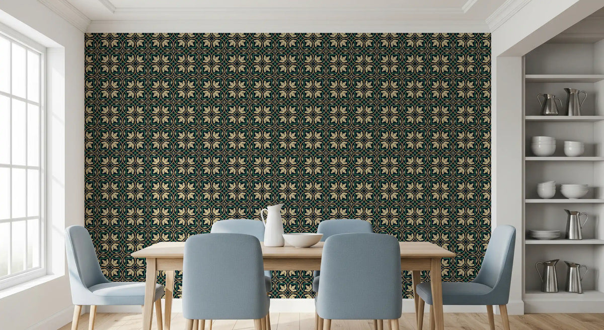 Midnight Botanical Geometric Grid Wallpaper⁠