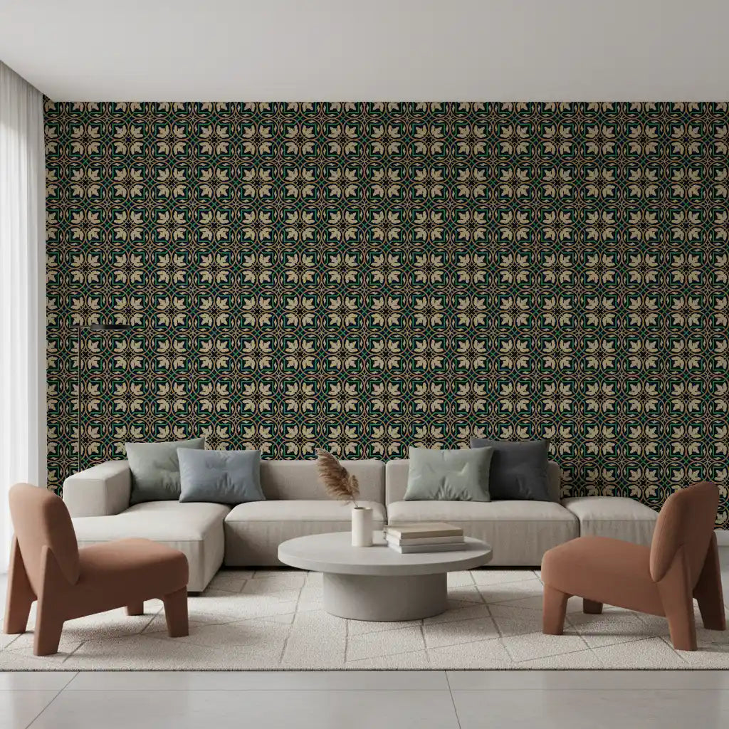 Midnight Botanical Geometric Grid Wallpaper⁠