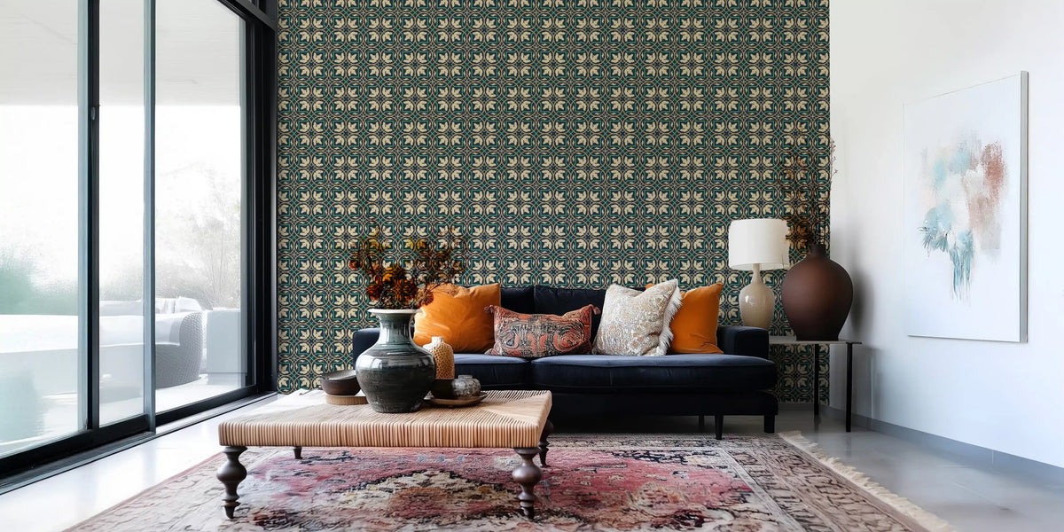 Midnight Botanical Geometric Grid Wallpaper⁠