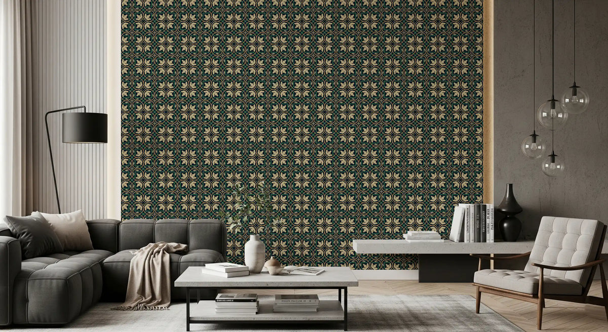 Midnight Botanical Geometric Grid Wallpaper⁠