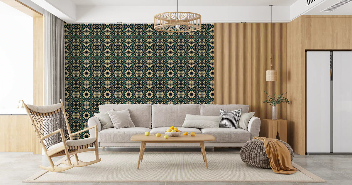 Midnight Botanical Geometric Grid Wallpaper⁠