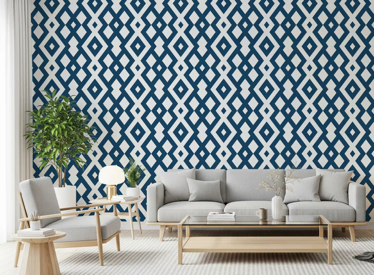 Minimalist Blue and White Diamond Mesh Wallpaper⁠
