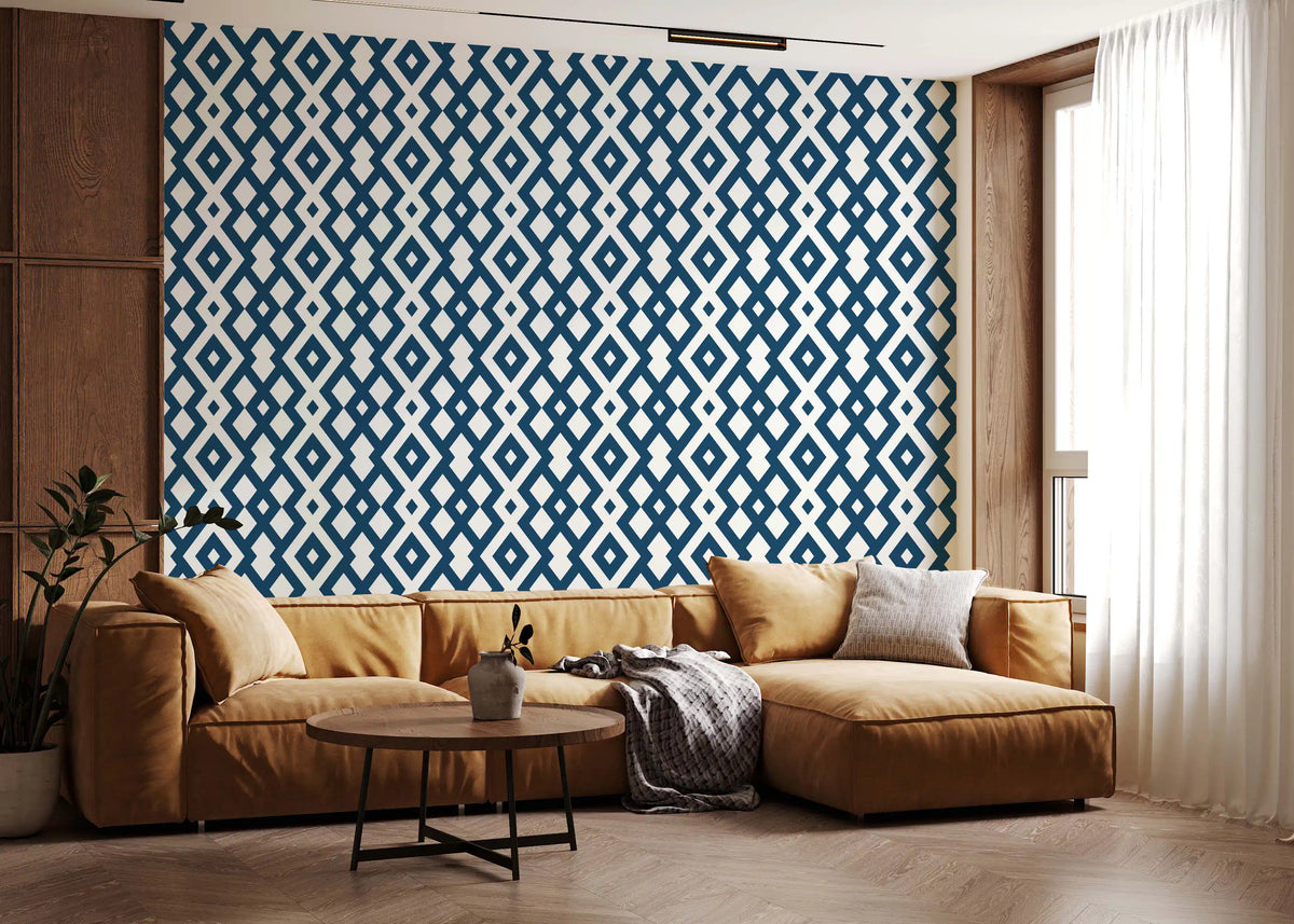 Minimalist Blue and White Diamond Mesh Wallpaper⁠