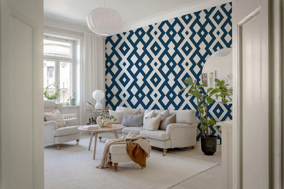 Minimalist Blue and White Diamond Mesh Wallpaper⁠