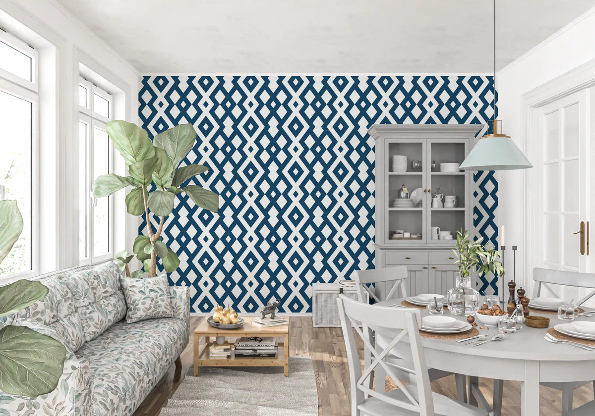 Minimalist Blue and White Diamond Mesh Wallpaper⁠
