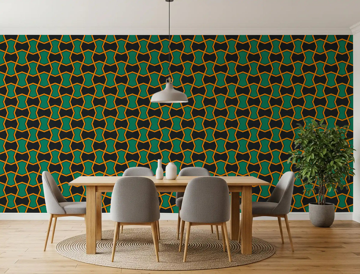 Charcoal and Green Art Deco Grid Wallpaper⁠