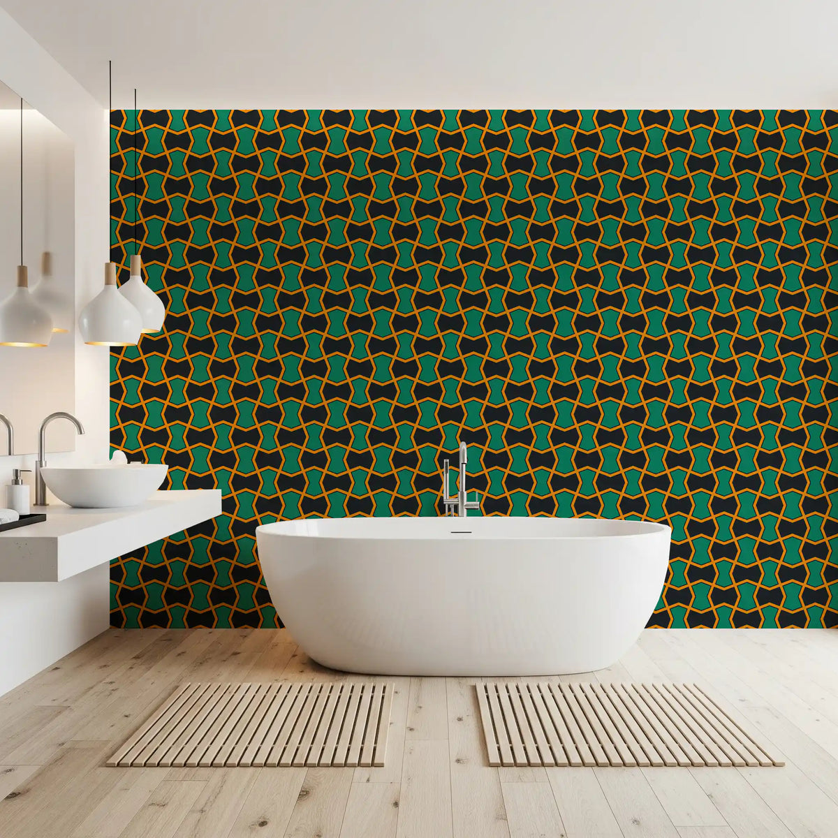 Charcoal and Green Art Deco Grid Wallpaper⁠