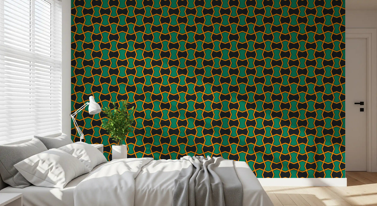 Charcoal and Green Art Deco Grid Wallpaper⁠