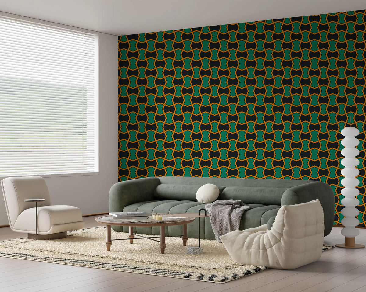 Charcoal and Green Art Deco Grid Wallpaper⁠