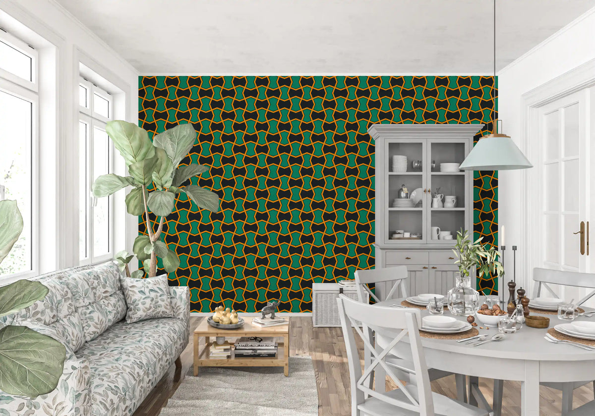 Charcoal and Green Art Deco Grid Wallpaper⁠