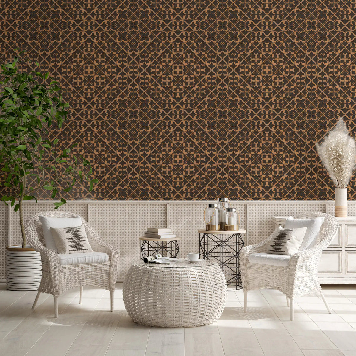 Geometric Lattice Bronze and Charcoal Wallpaper⁠