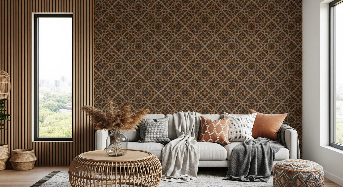 Geometric Lattice Bronze and Charcoal Wallpaper⁠
