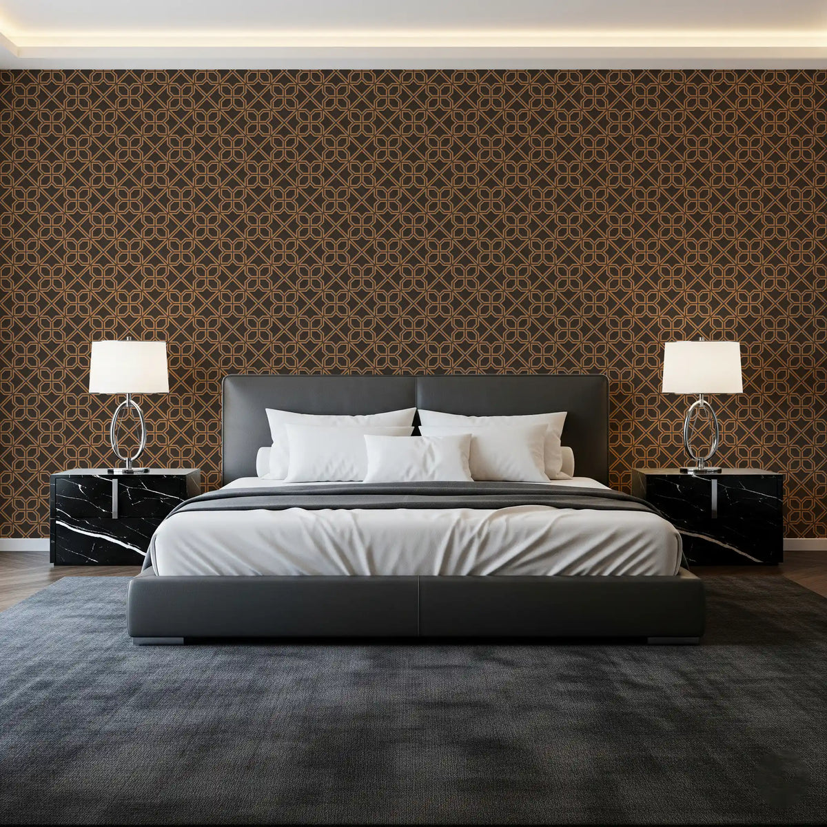 Geometric Lattice Bronze and Charcoal Wallpaper⁠