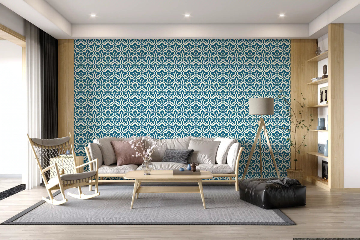 Indigo Damask Lattice Pattern Wallpaper⁠