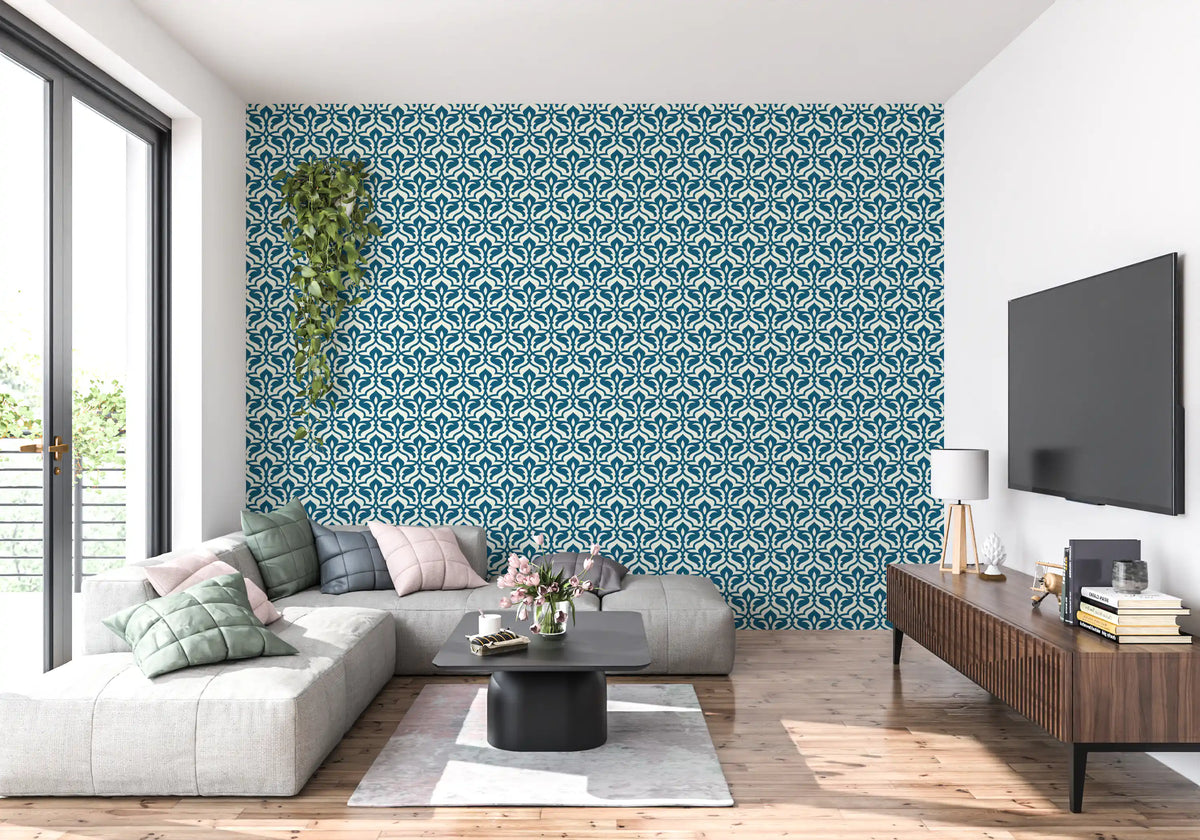 Indigo Damask Lattice Pattern Wallpaper⁠