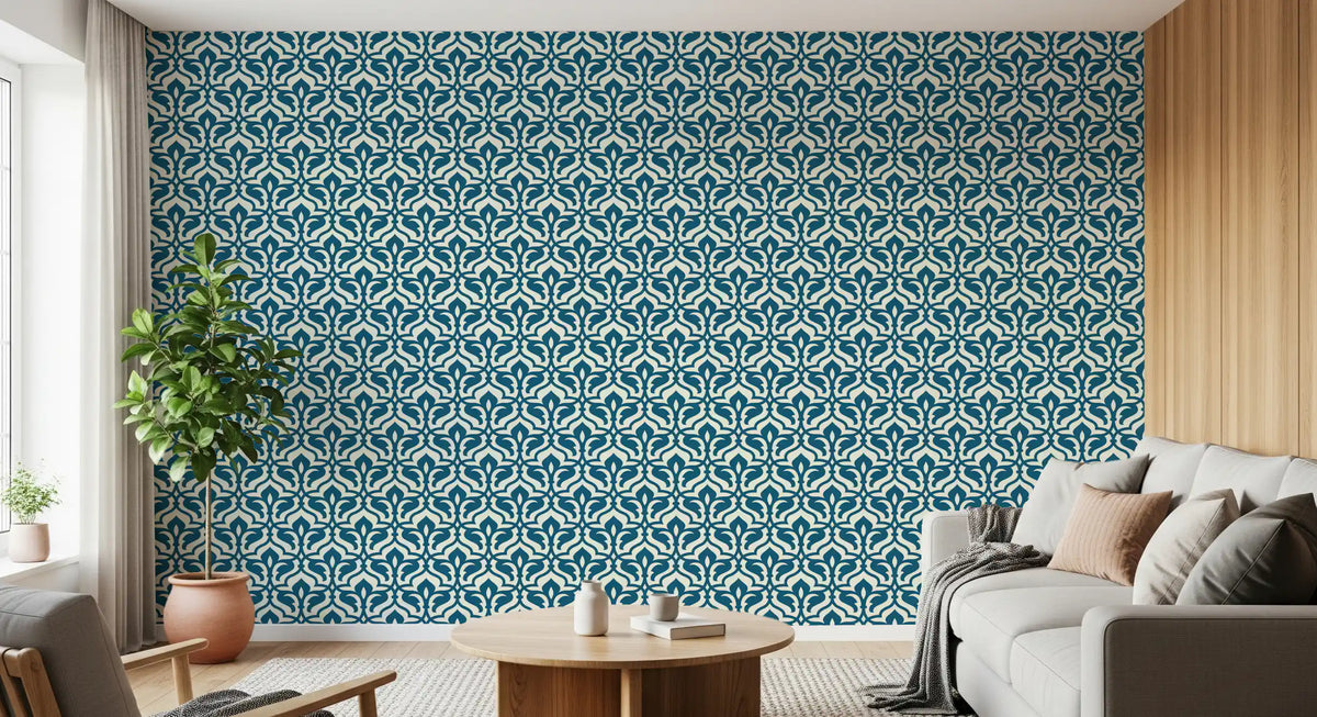 Indigo Damask Lattice Pattern Wallpaper⁠