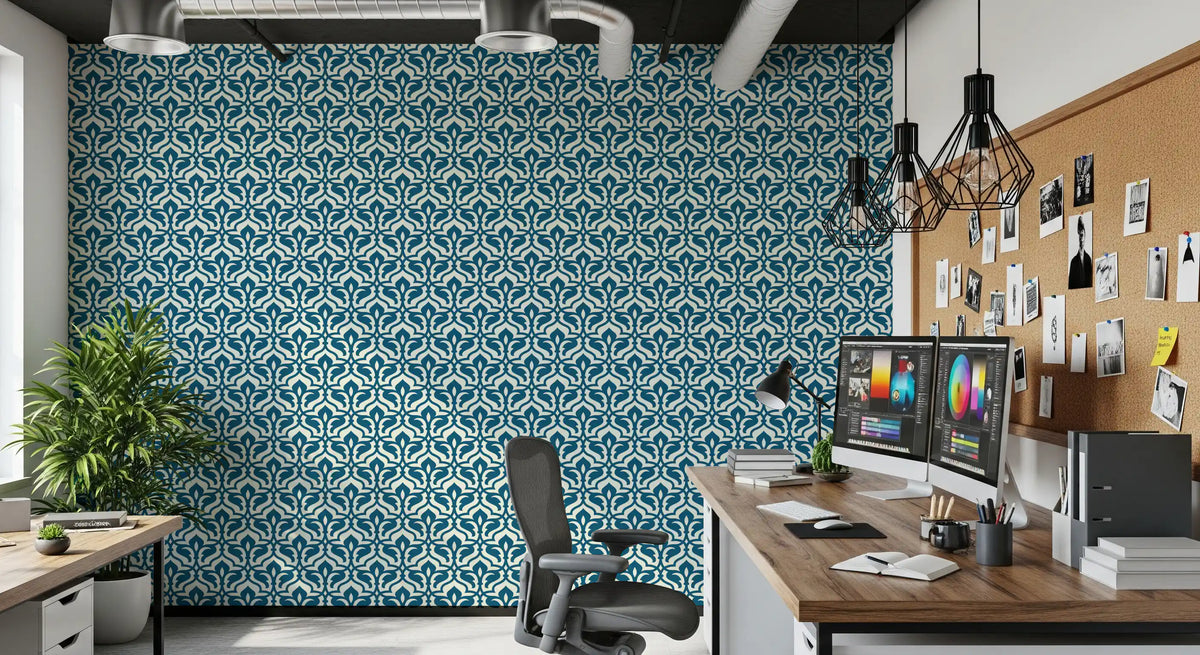 Indigo Damask Lattice Pattern Wallpaper⁠