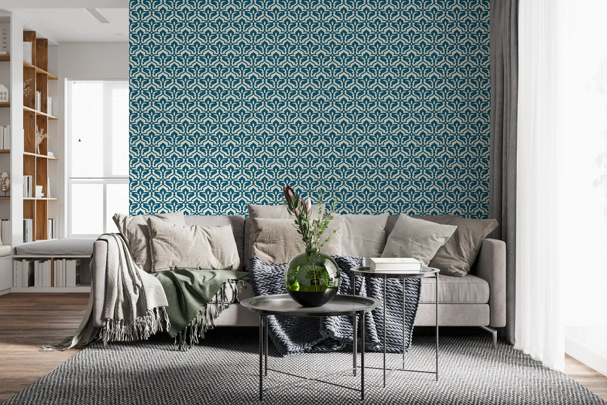 Indigo Damask Lattice Pattern Wallpaper⁠