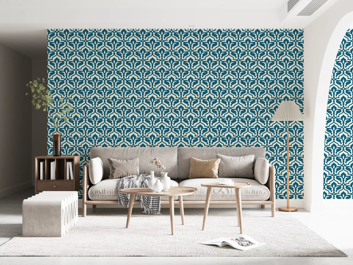 Indigo Damask Lattice Pattern Wallpaper⁠