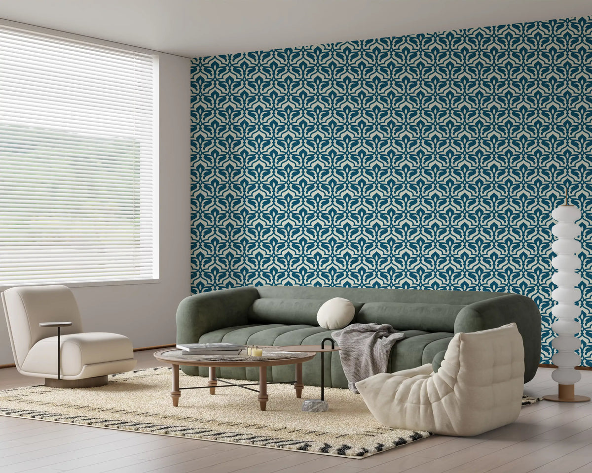 Indigo Damask Lattice Pattern Wallpaper⁠