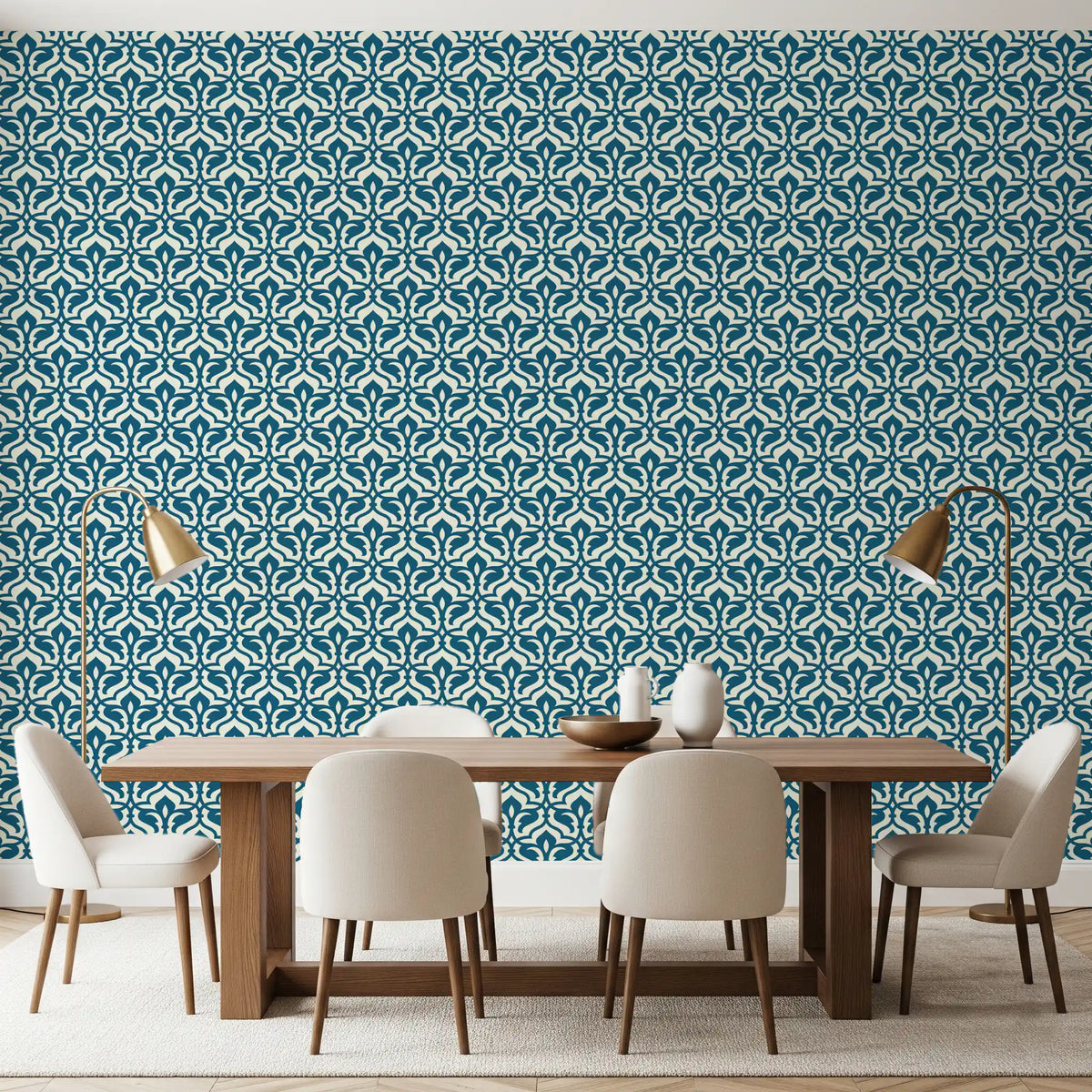 Indigo Damask Lattice Pattern Wallpaper⁠