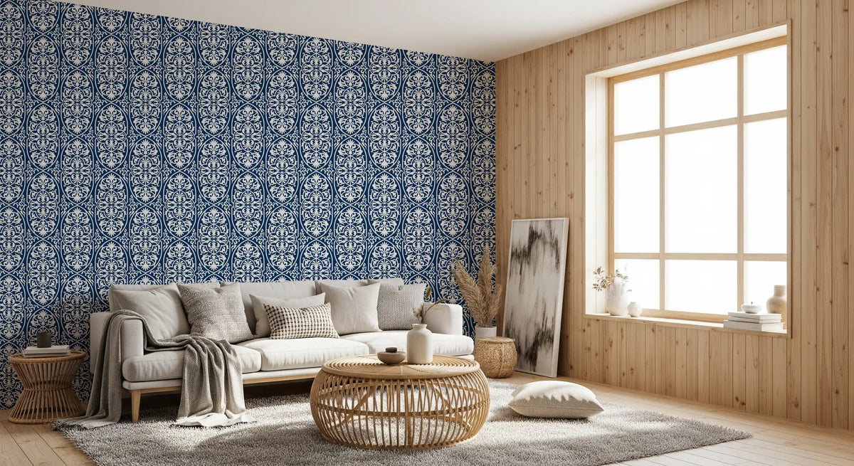Midnight Damask Scroll Pattern Wallpaper⁠