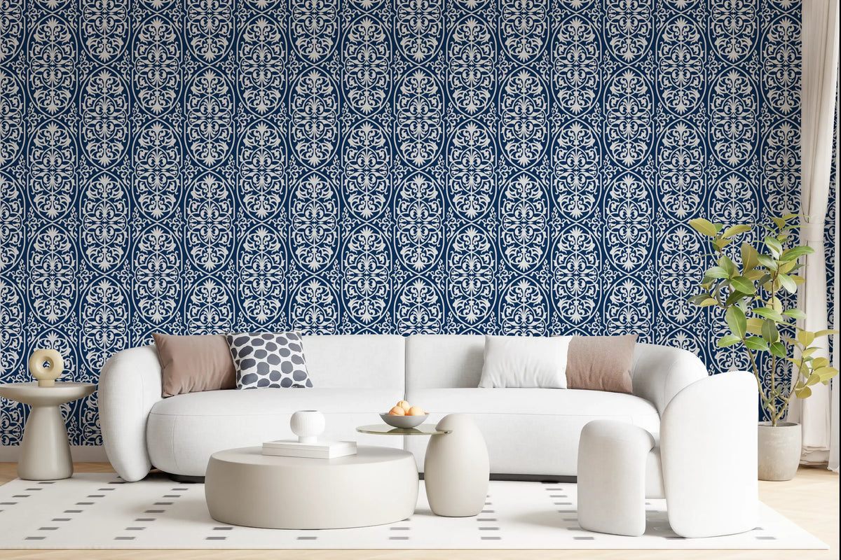 Midnight Damask Scroll Pattern Wallpaper⁠