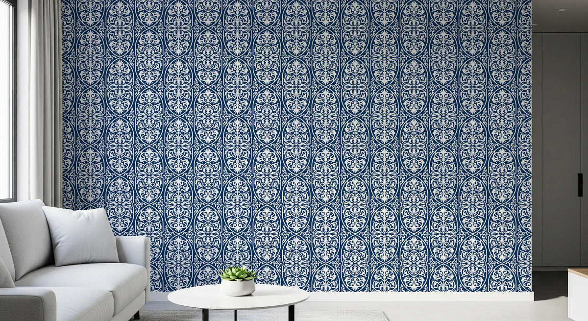 Midnight Damask Scroll Pattern Wallpaper⁠