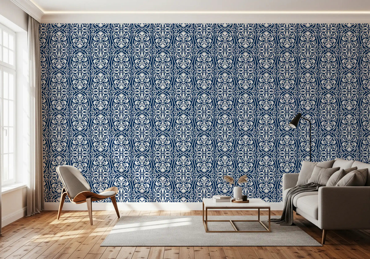 Midnight Damask Scroll Pattern Wallpaper⁠