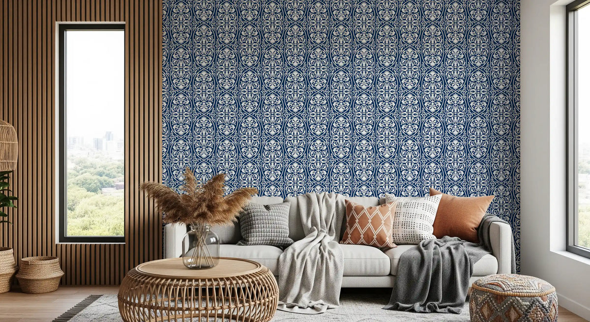 Midnight Damask Scroll Pattern Wallpaper⁠