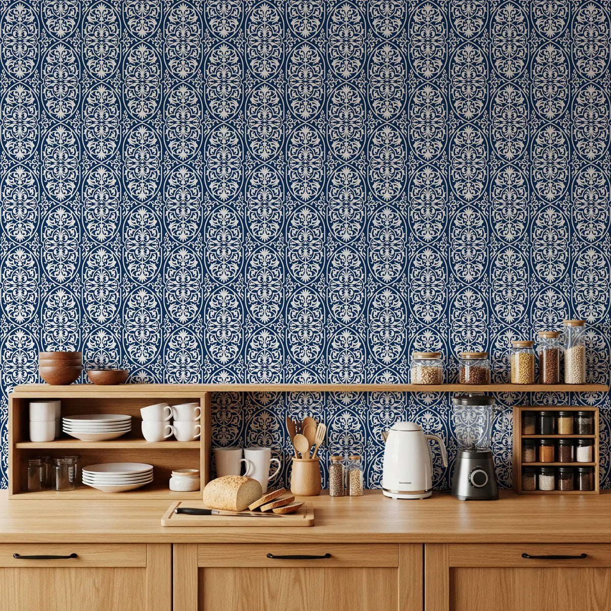 Midnight Damask Scroll Pattern Wallpaper⁠