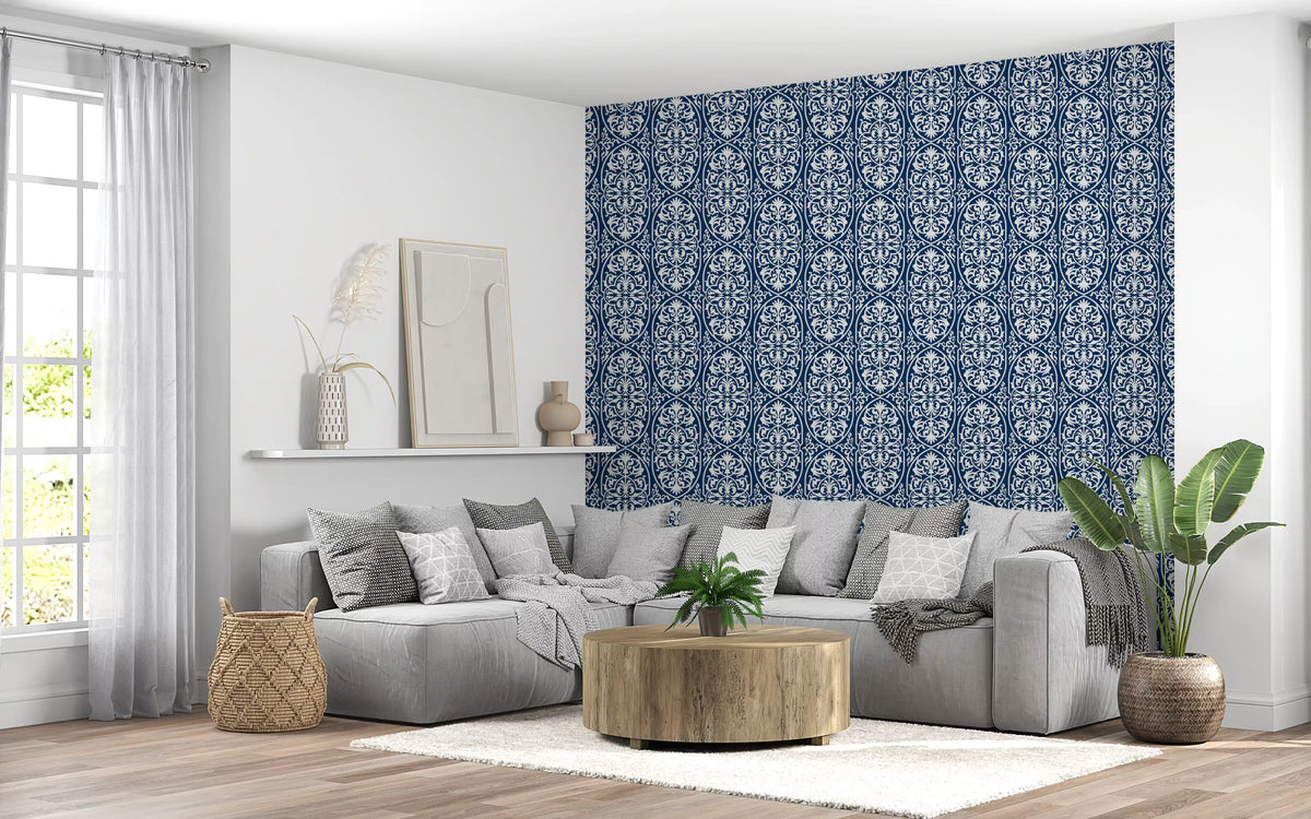 Midnight Damask Scroll Pattern Wallpaper⁠