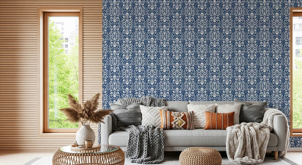 Midnight Damask Scroll Pattern Wallpaper⁠