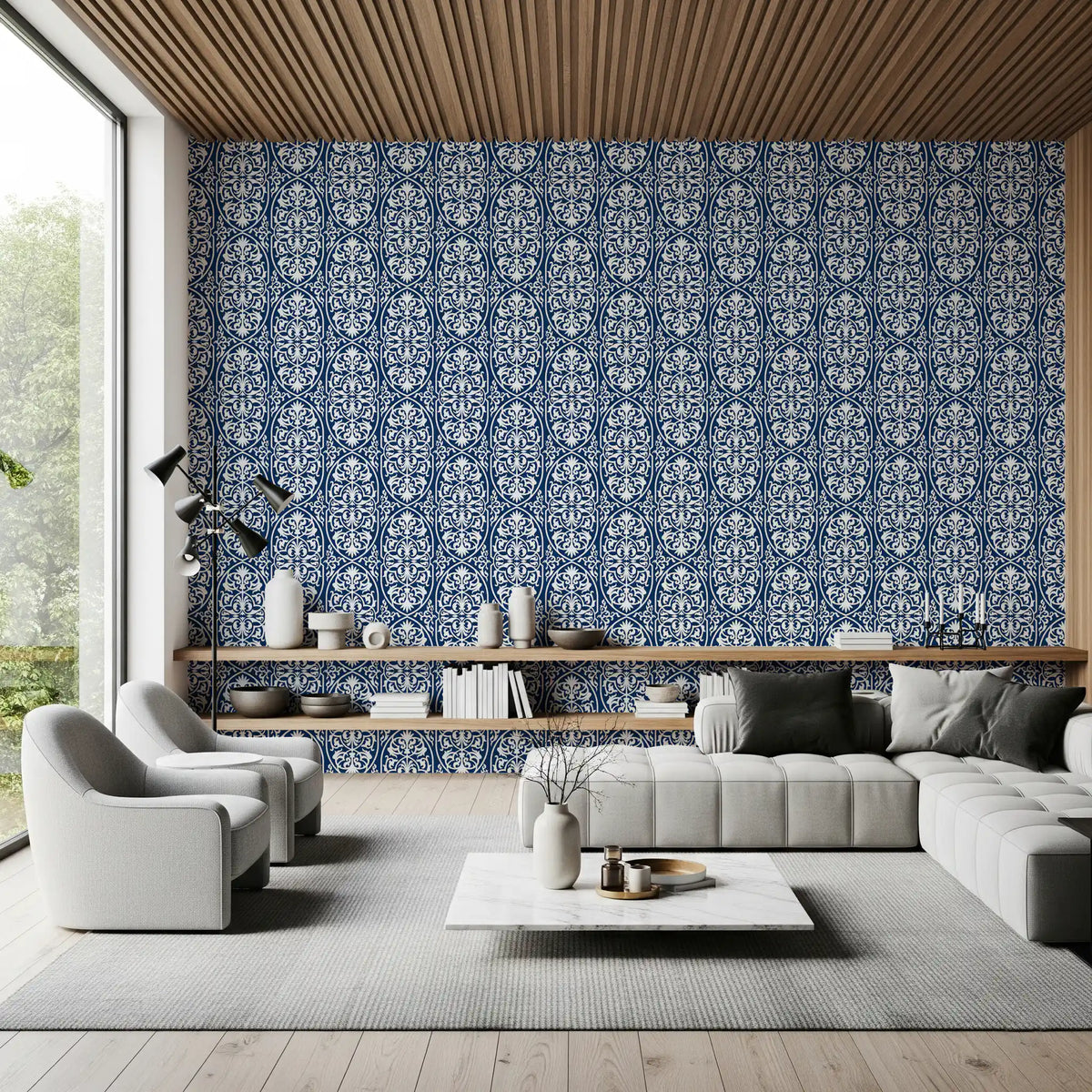 Midnight Damask Scroll Pattern Wallpaper⁠