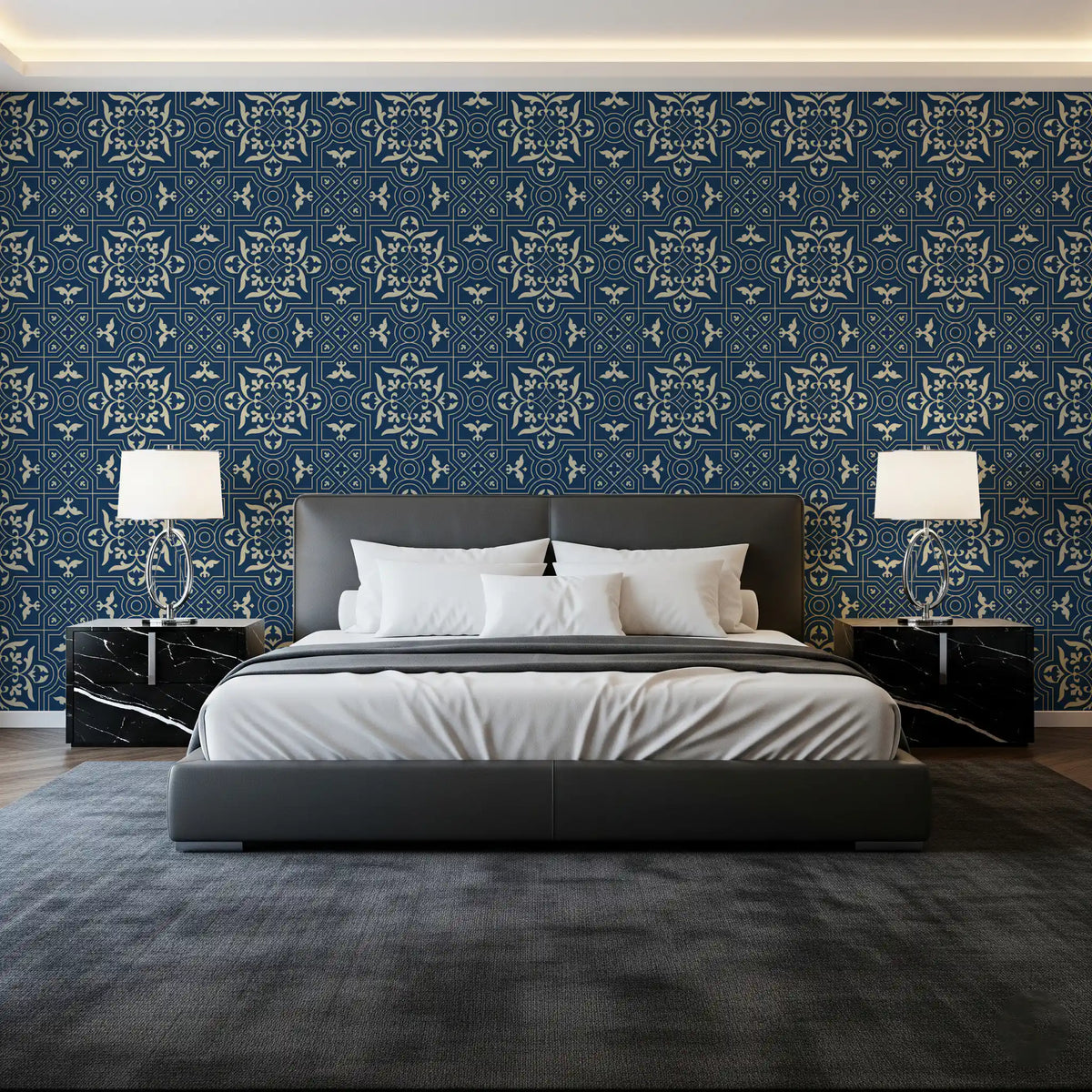 Midnight Damask Geometric Tile Wallpaper⁠