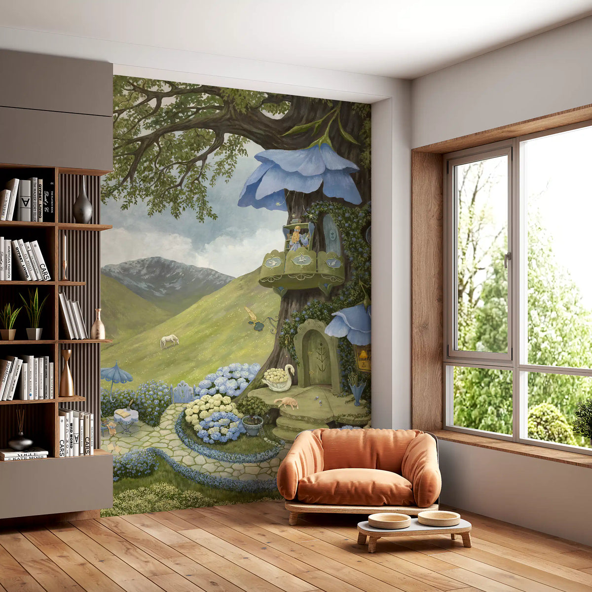 Enchanted Blue Flower Treehouse Wall Mural