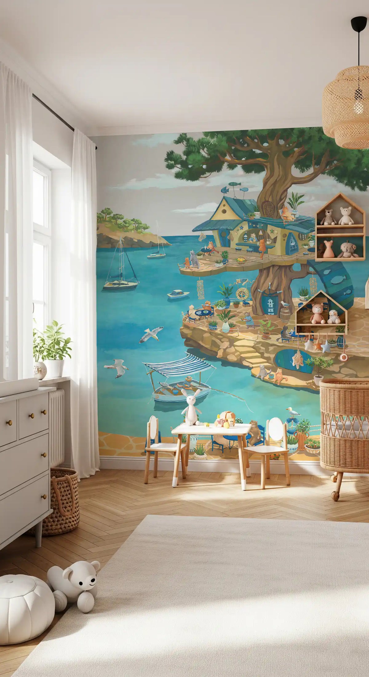 Coastal Cat Cafe Treehouse Scene Wall Mural