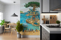 Coastal Cat Cafe Treehouse Scene Wall Mural
