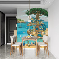 Coastal Cat Cafe Treehouse Scene Wall Mural