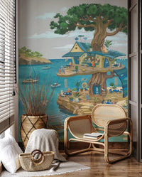 Coastal Cat Cafe Treehouse Scene Wall Mural