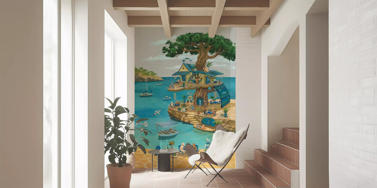 Coastal Cat Cafe Treehouse Scene Wall Mural